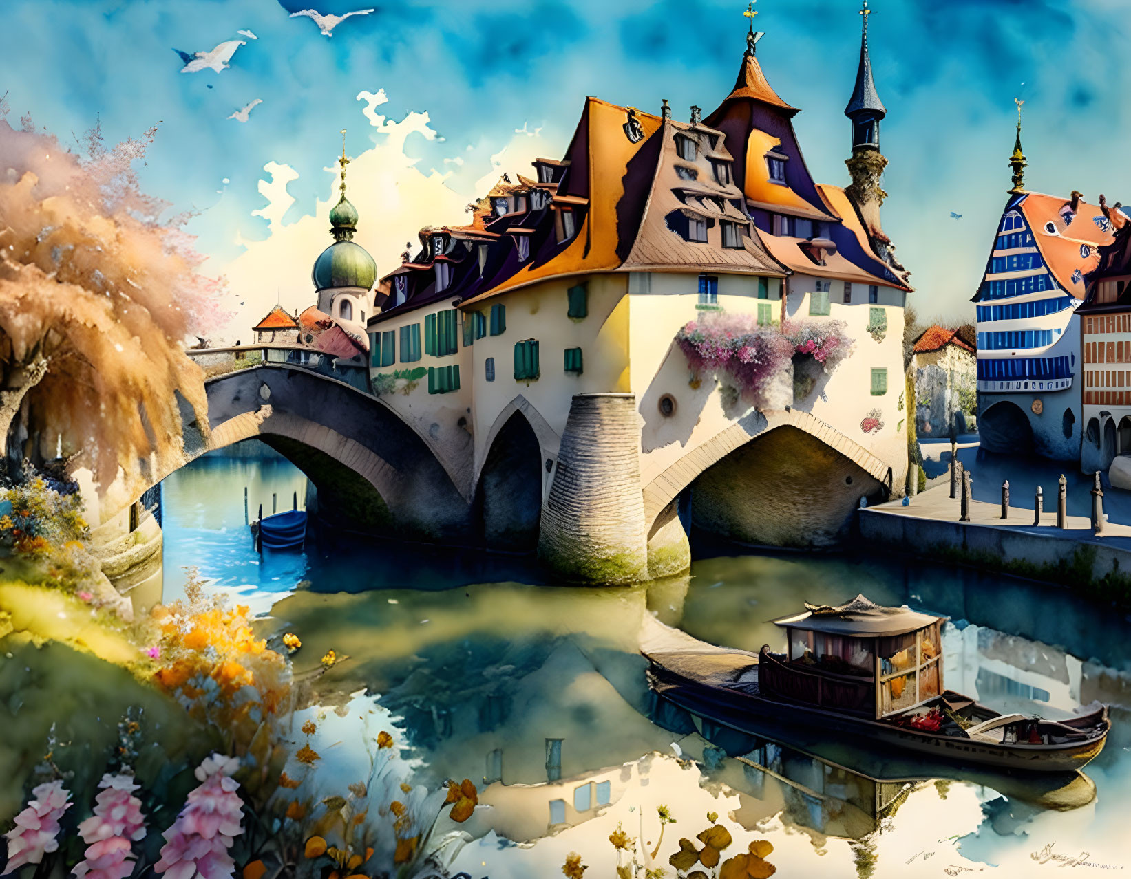 European town scene with ornate buildings, stone bridge, boat, and birds in clear sky