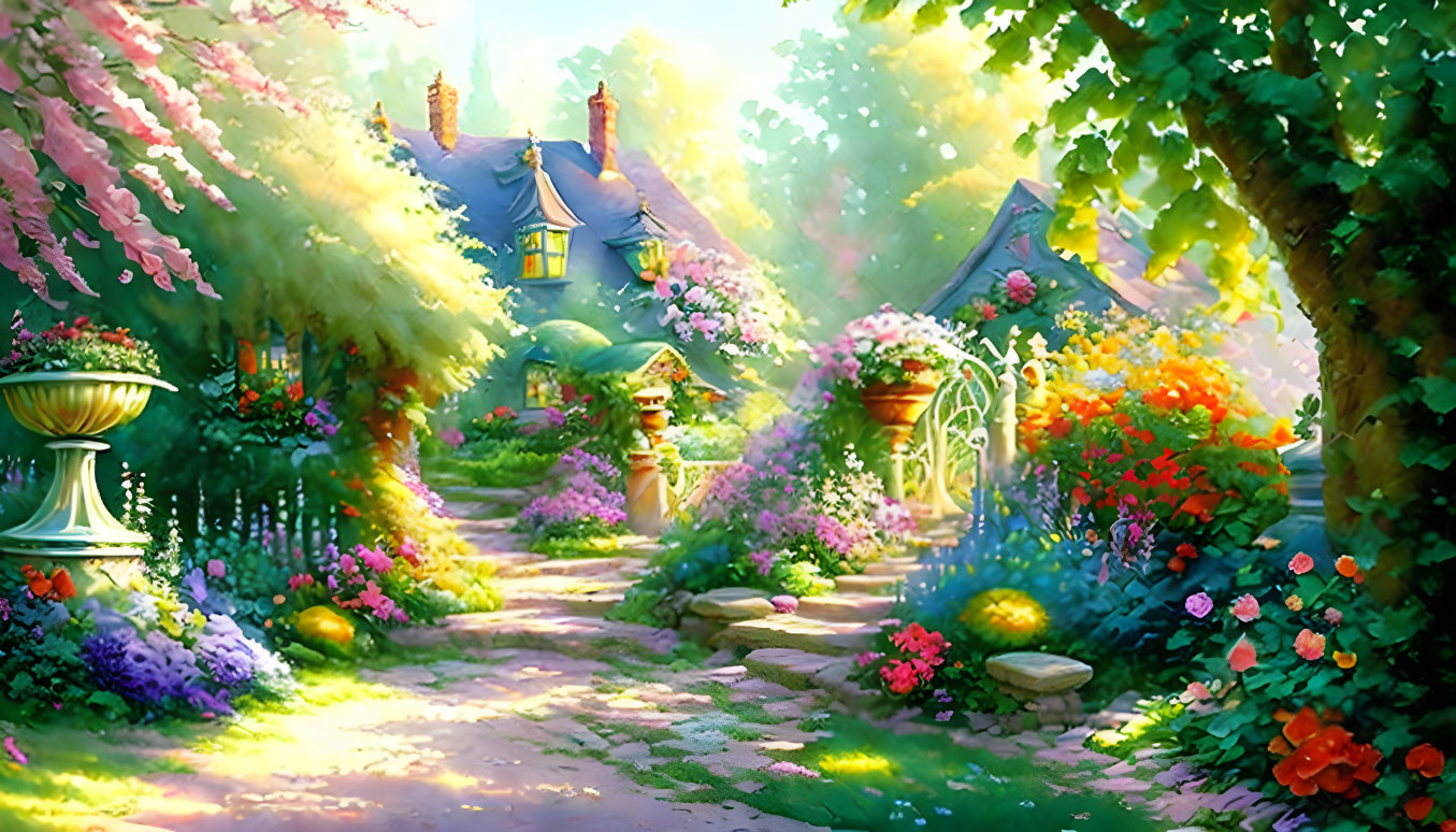 Colorful Garden Pathway Surrounded by Flowers and Greenery