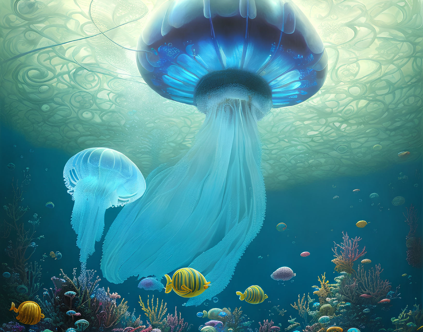 Luminescent jellyfish in vibrant underwater scene