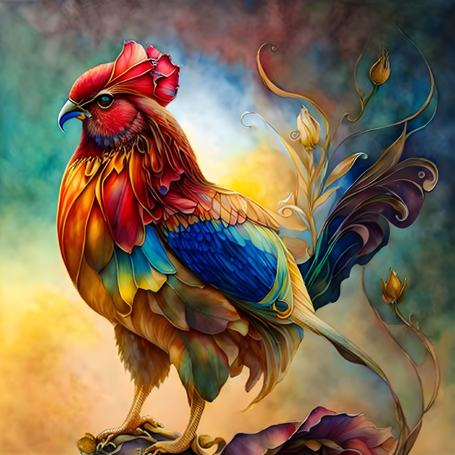 Colorful fantasy rooster with intricate feathers and floral swirls