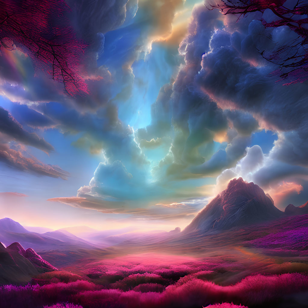 Colorful digital landscape with purple flora, majestic mountains, and swirling sky.