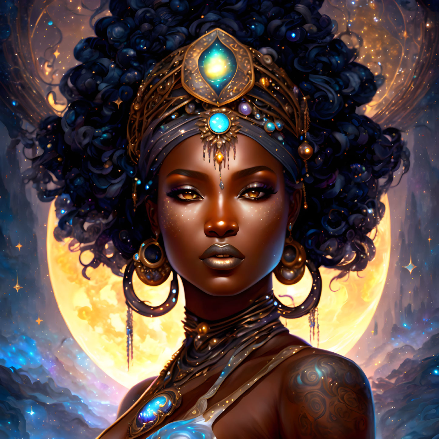 Portrait of woman with ornate jewelry, crown, tattoos, against cosmic backdrop