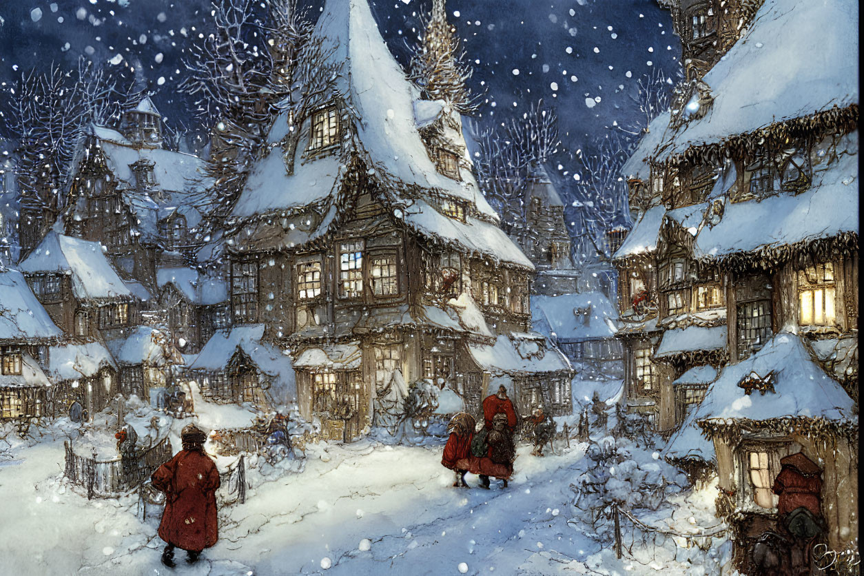 Snowy village night scene with half-timbered houses, warm lights, people in cloaks