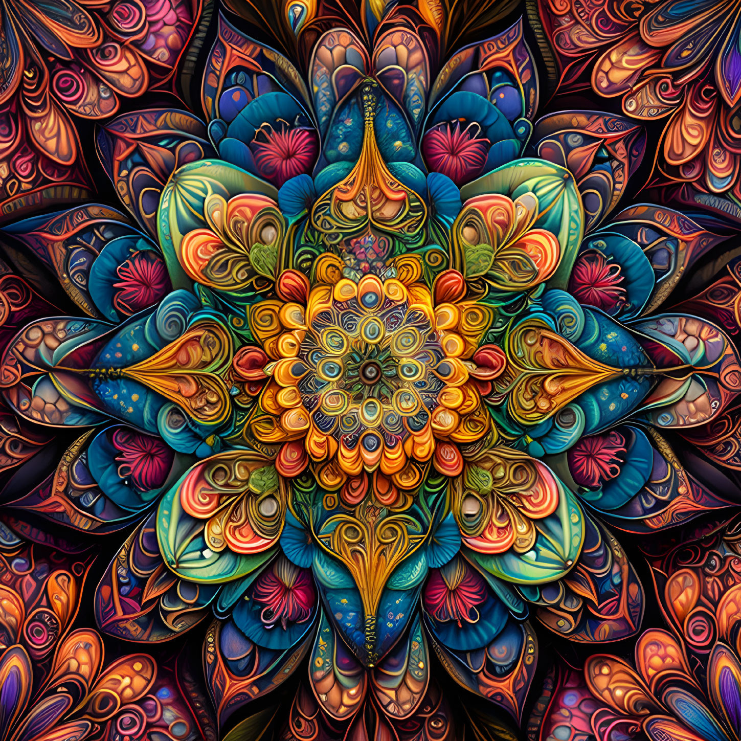 Symmetrical Mandala with Vibrant Blues, Oranges, and Purples