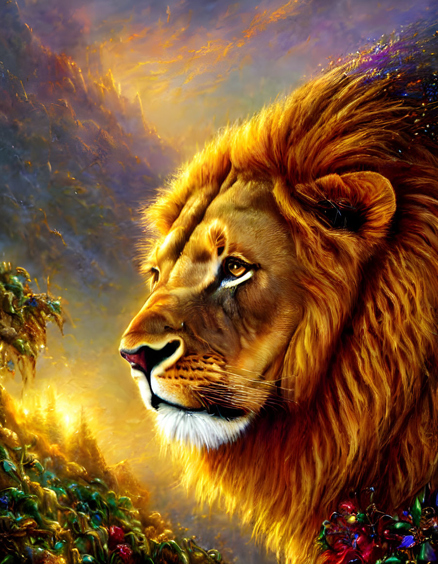 Colorful lion's head portrait on dreamlike background with gold, orange, and brown hues