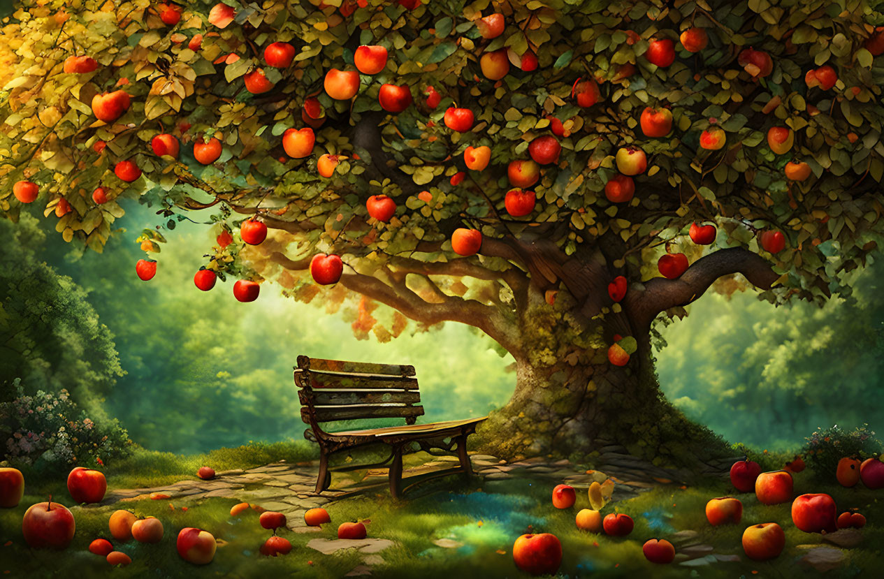 Tranquil orchard with apple tree, fallen fruits, and empty bench.