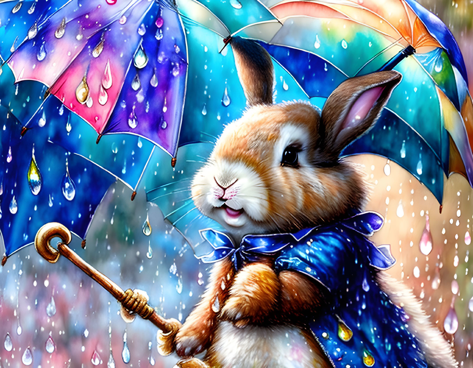 Illustrated bunny in blue coat with umbrella in colorful raindrops