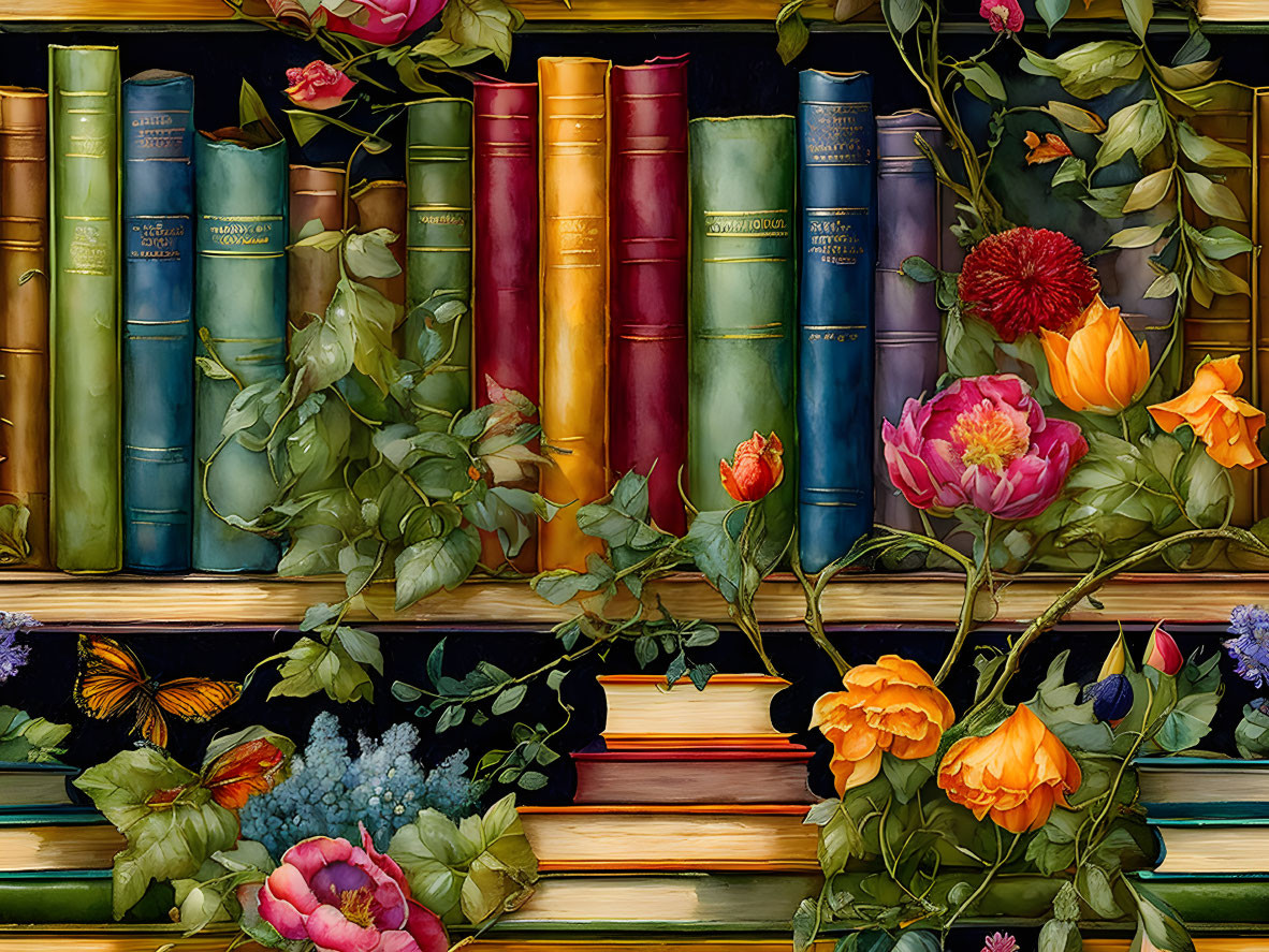 Colorful Books on Shelf with Flowers, Foliage, and Butterflies