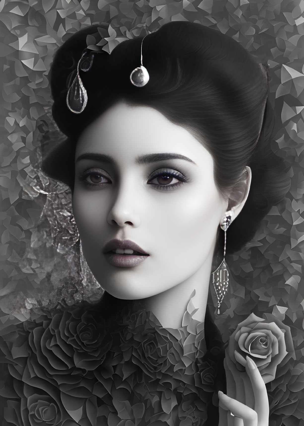 Monochrome portrait of woman with vintage makeup and pearls in rose-themed setting