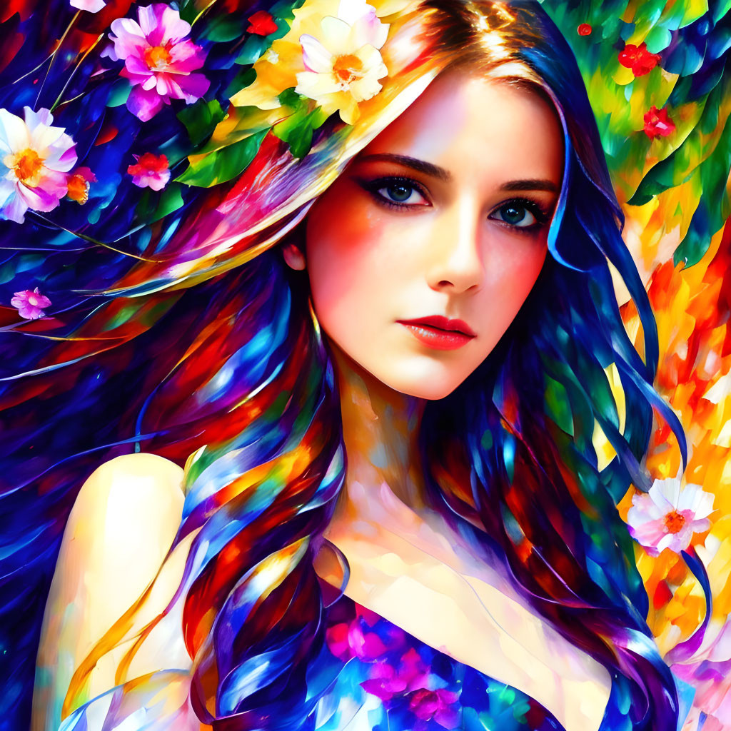 Colorful digital portrait of a woman with multicolored hair and flowers