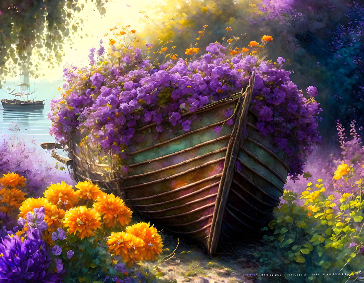 Wooden boat filled with purple flowers in lush greenery by serene river