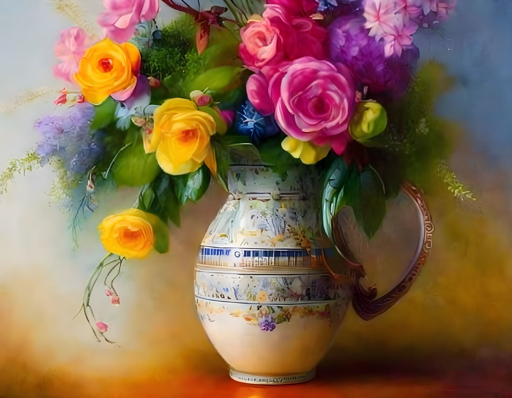 Colorful Flower Bouquet in Classical Vase on Soft-focus Background