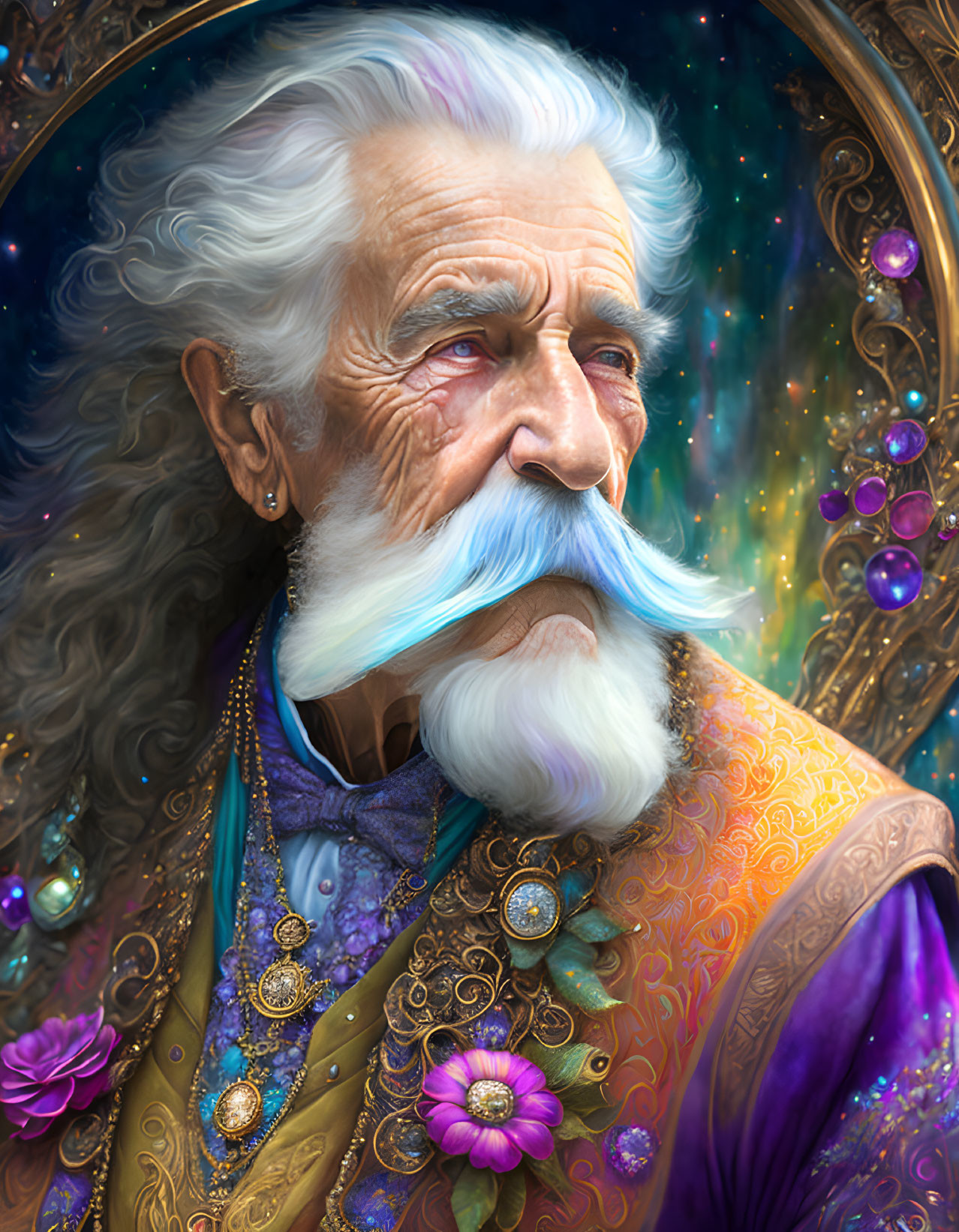 Elderly man with white beard in ornate clothing against cosmic backdrop