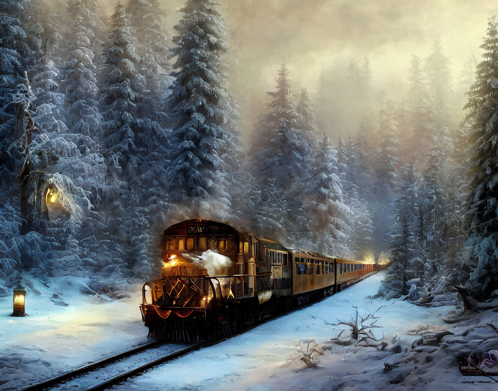 Vintage Train Journey Through Snowy Forest Landscape