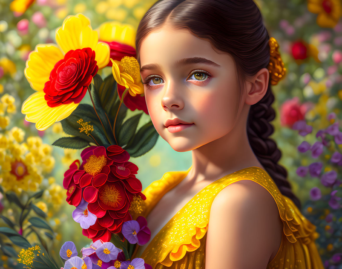 Young girl with braided hair in yellow dress among colorful flowers