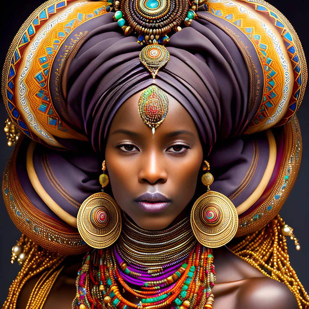 Colorful ornate headdress and jewelry on elegant woman showcasing cultural beauty