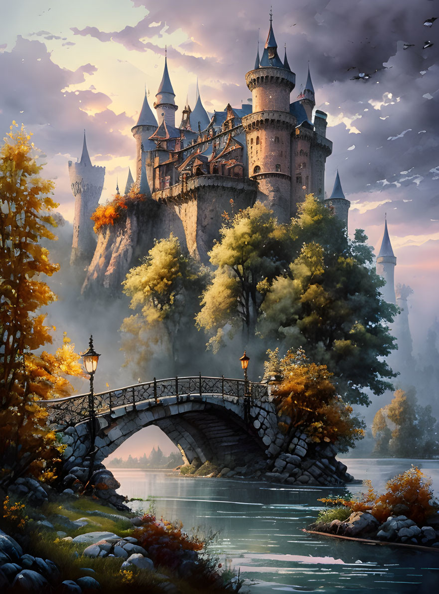 Castle on Cliff with Stone Bridge, Autumn Trees, and Twilight Mist