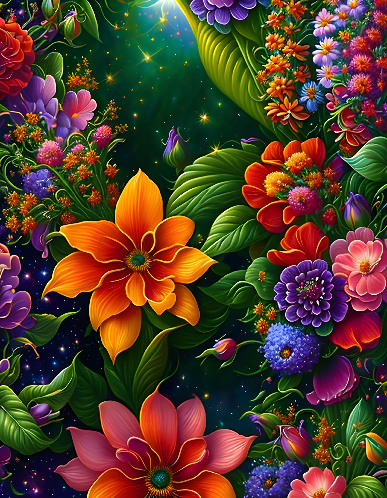 Colorful Flower Illustration Against Dark Starry Background