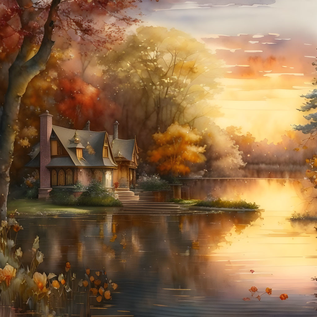 Tranquil lake with cozy autumn cottage and vibrant foliage