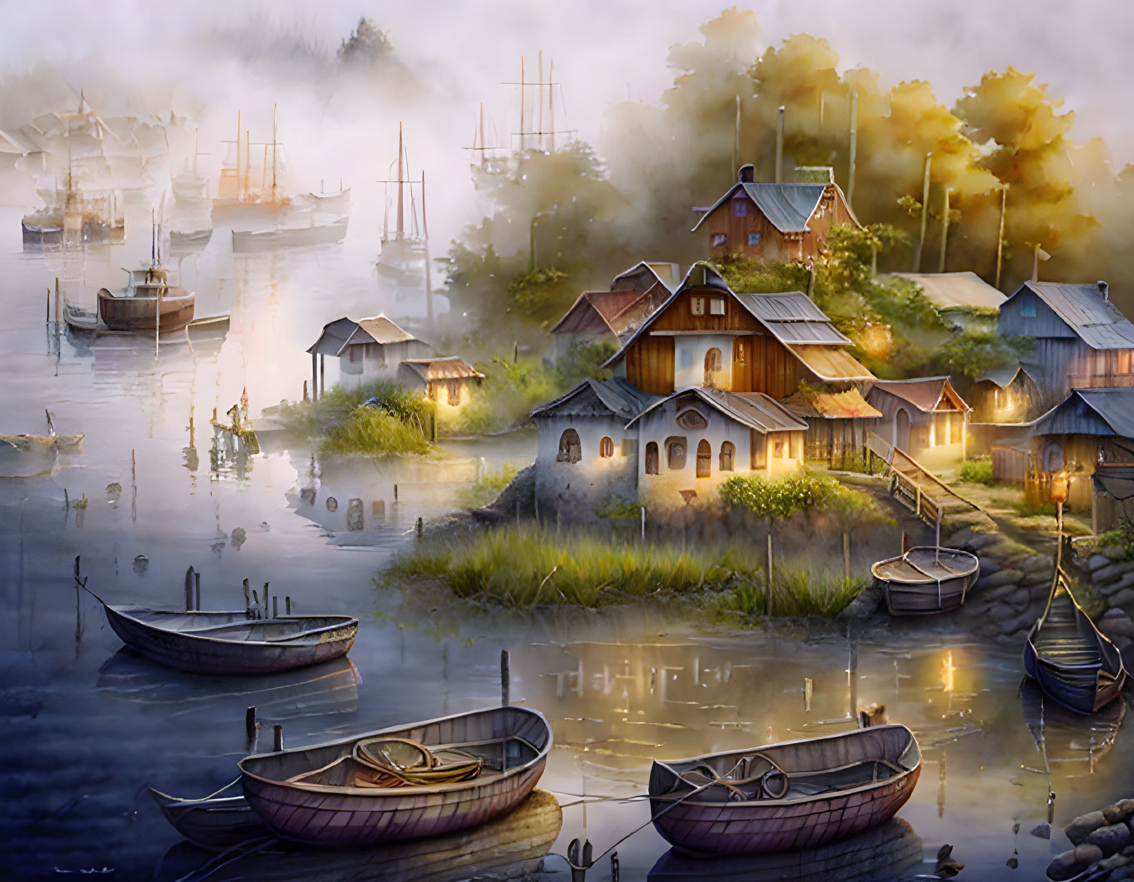 Tranquil Dawn Riverside Scene with Wooden Boats & Cozy Houses