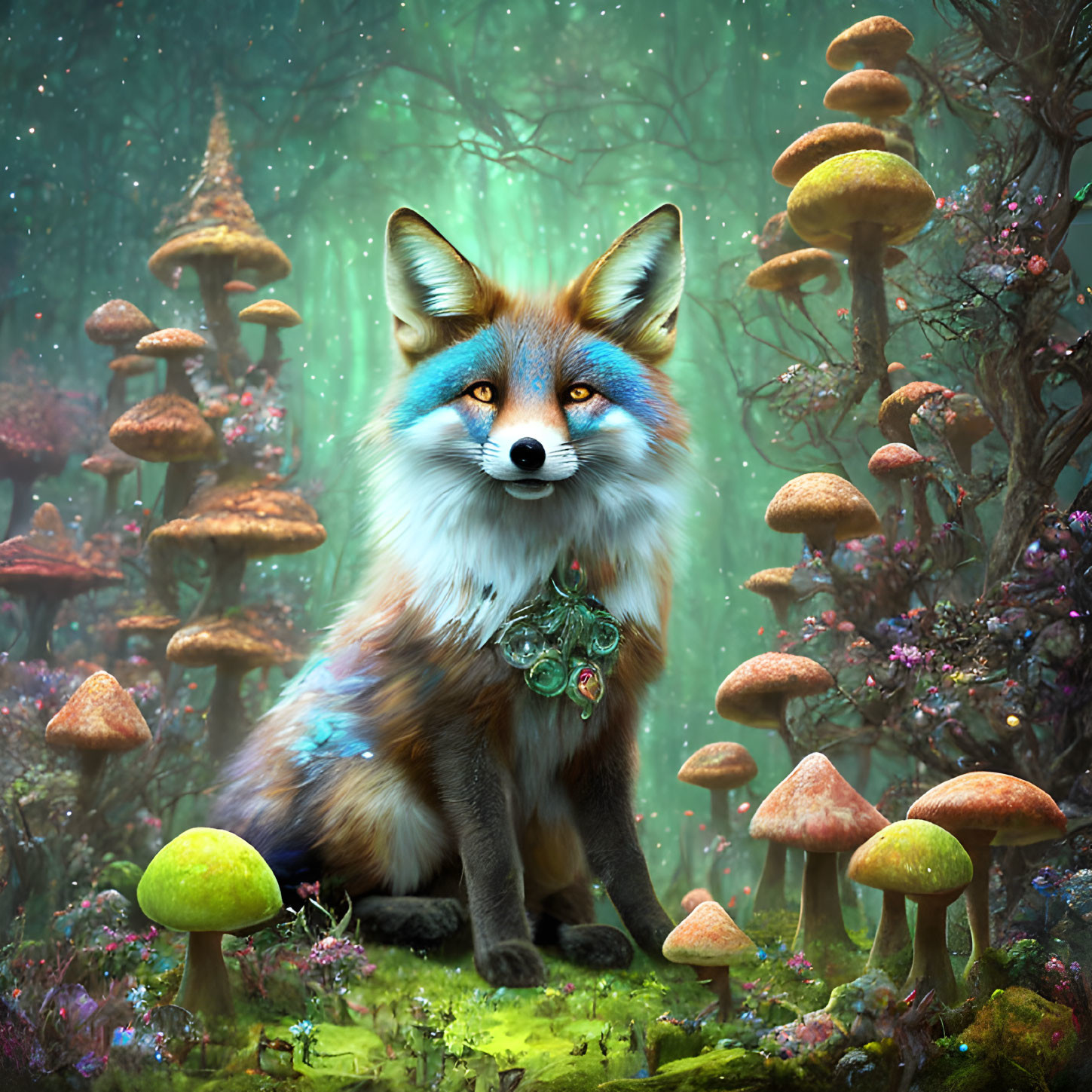 Colorful Fox in Enchanted Forest with Oversized Mushrooms