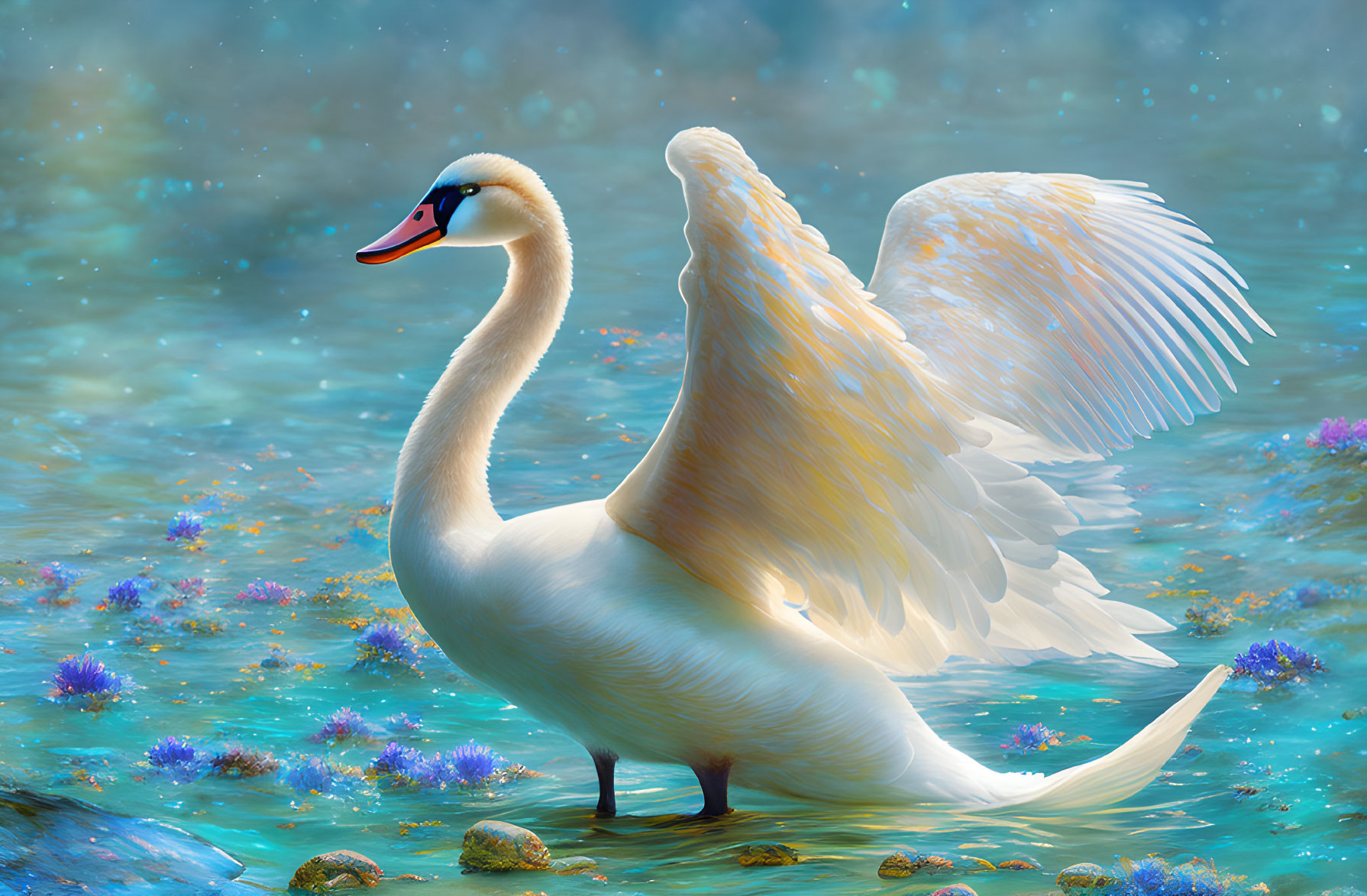 Majestic swan with spread wings in serene blue water among purple flowers