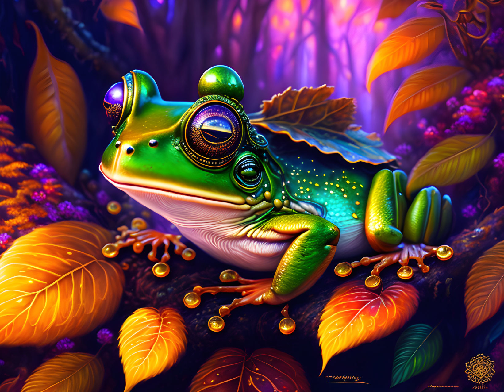 Colorful digital artwork featuring a frog with mechanical elements in a vibrant natural setting.