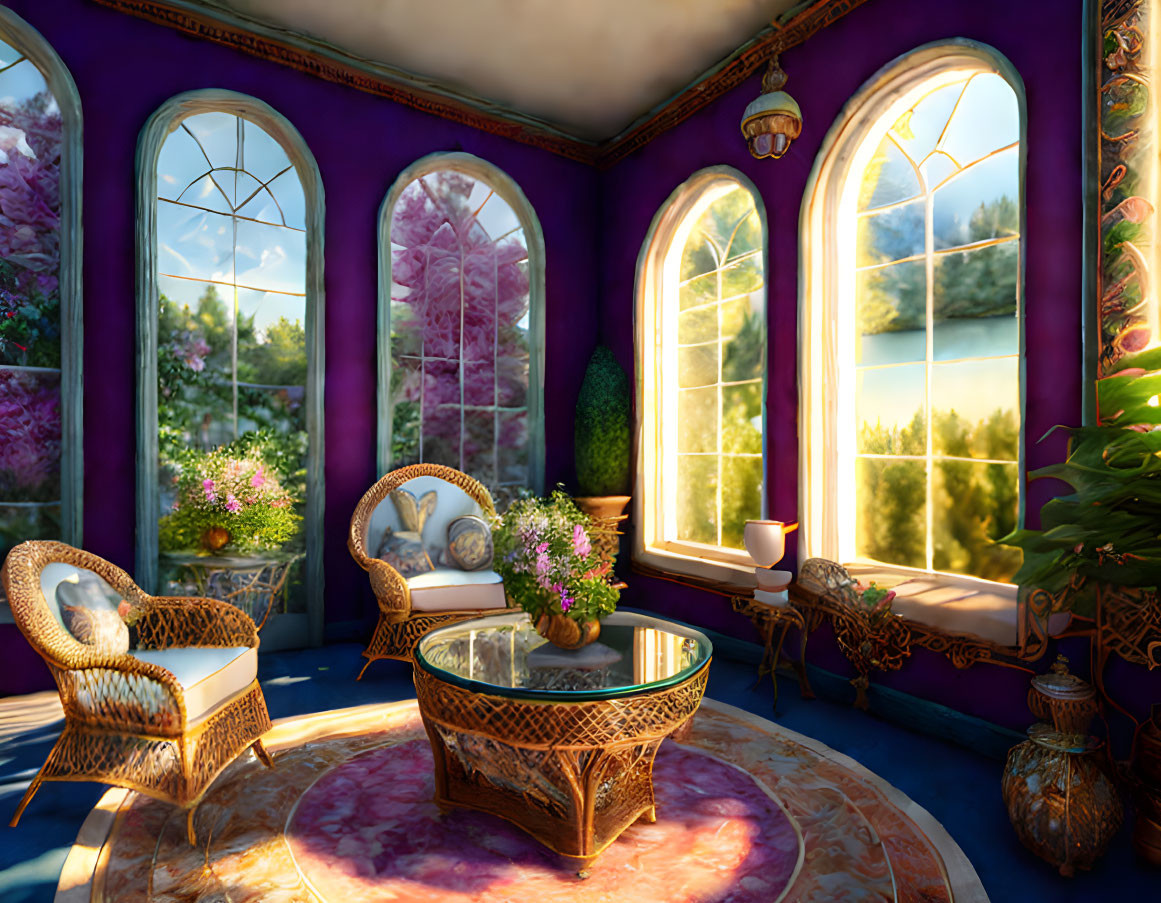 Sunlit Room with Purple Wall, Arched Windows, Glass Table, and Plants