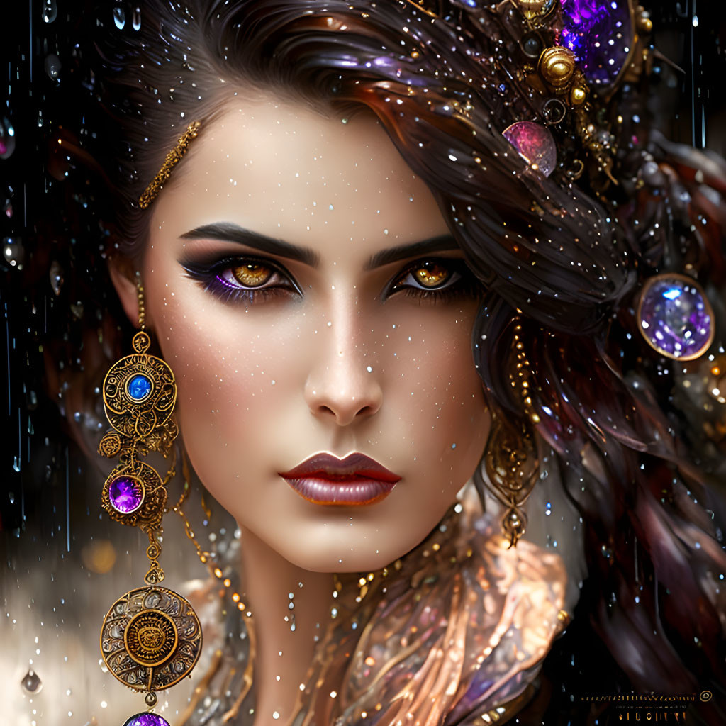 Vibrant makeup and sparkling jewelry on woman in mystical digital portrait