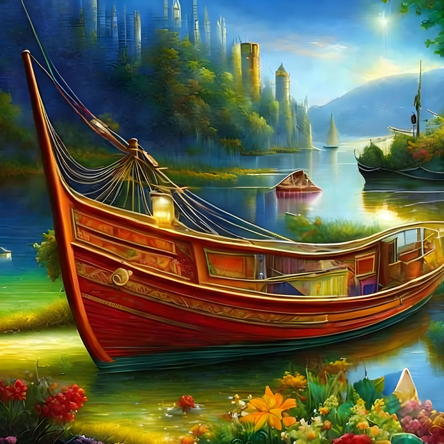 Ornate boat on tranquil river with vibrant flowers and mystical castle at twilight