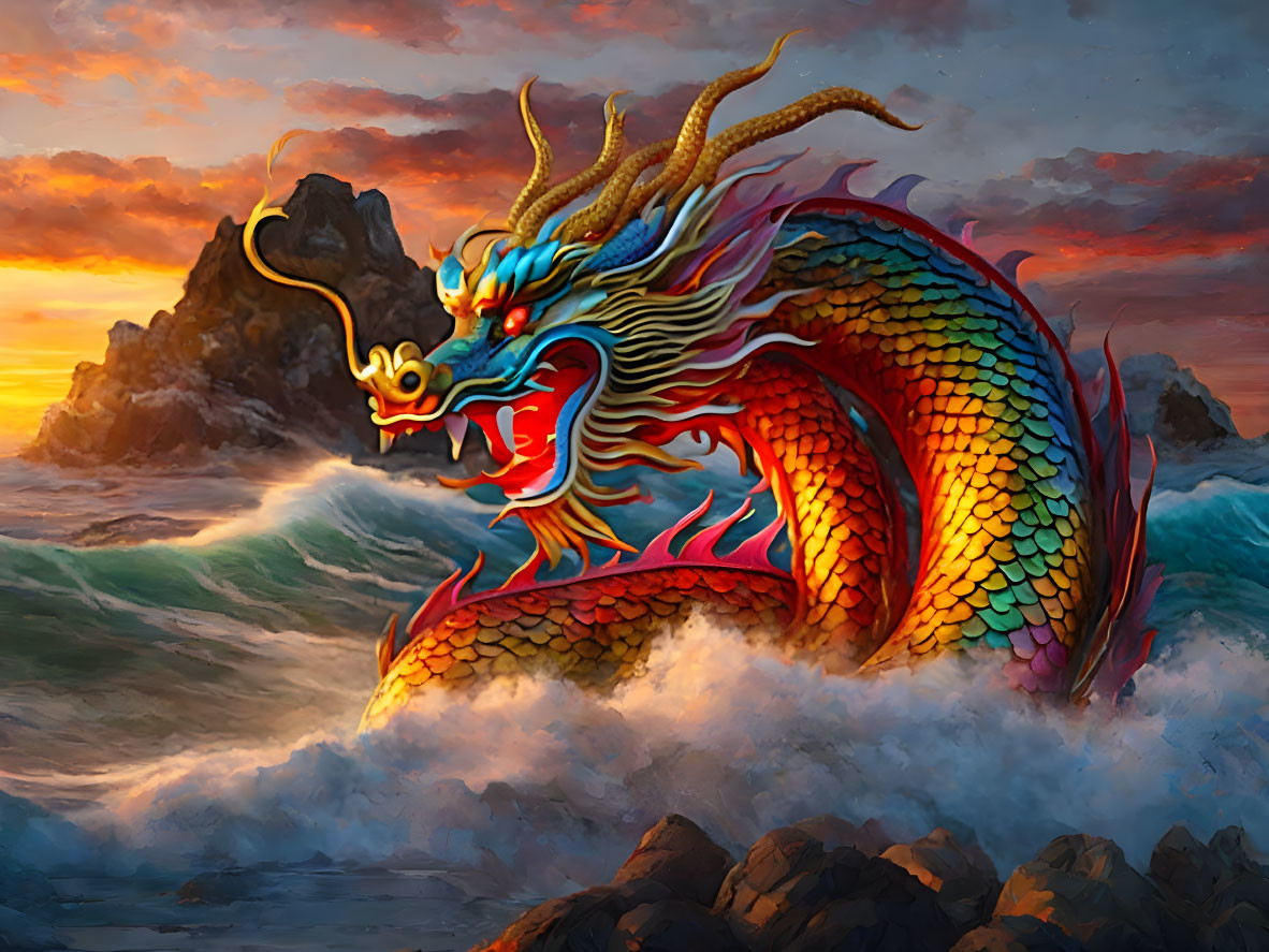 Colorful Dragon Emerges from Ocean Waves at Sunset