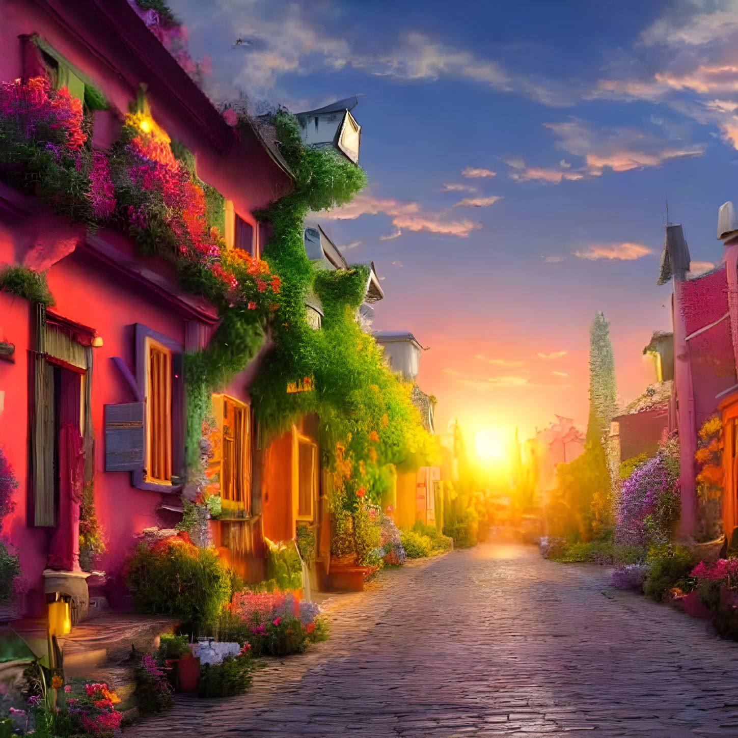 Charming cobblestone street with pink houses at sunset