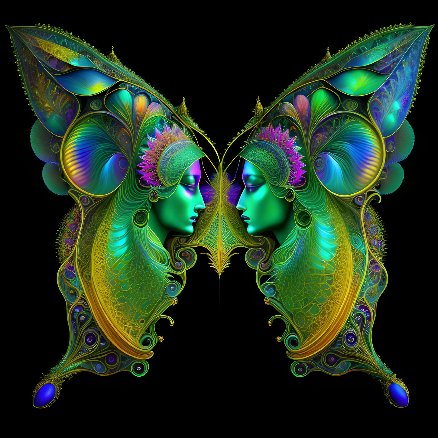 Symmetrical fantasy figures with butterfly wing-like extensions in colorful digital art