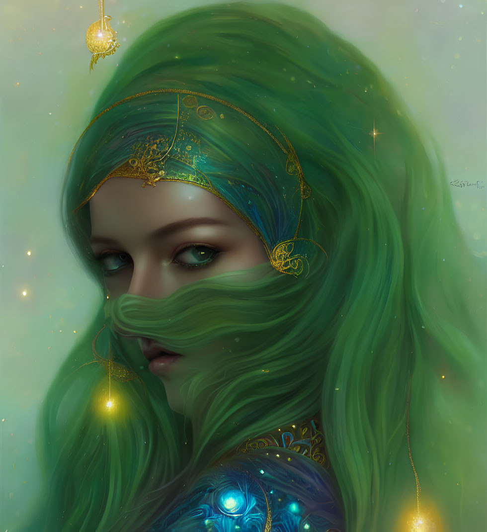 Ethereal portrait of a woman with swirling green hair and golden jewelry