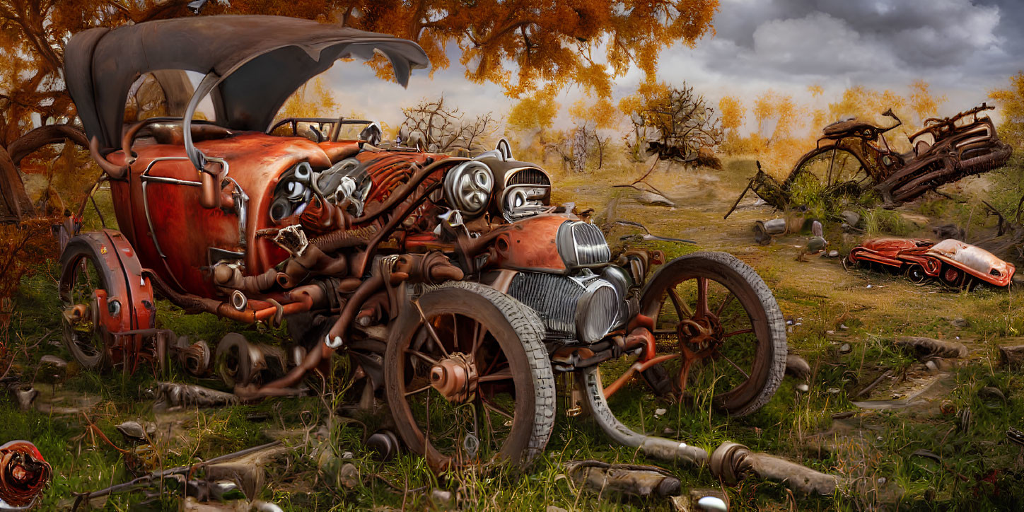 Surreal mechanical landscape with anthropomorphic vehicles and autumnal trees in a post-apocalyptic setting