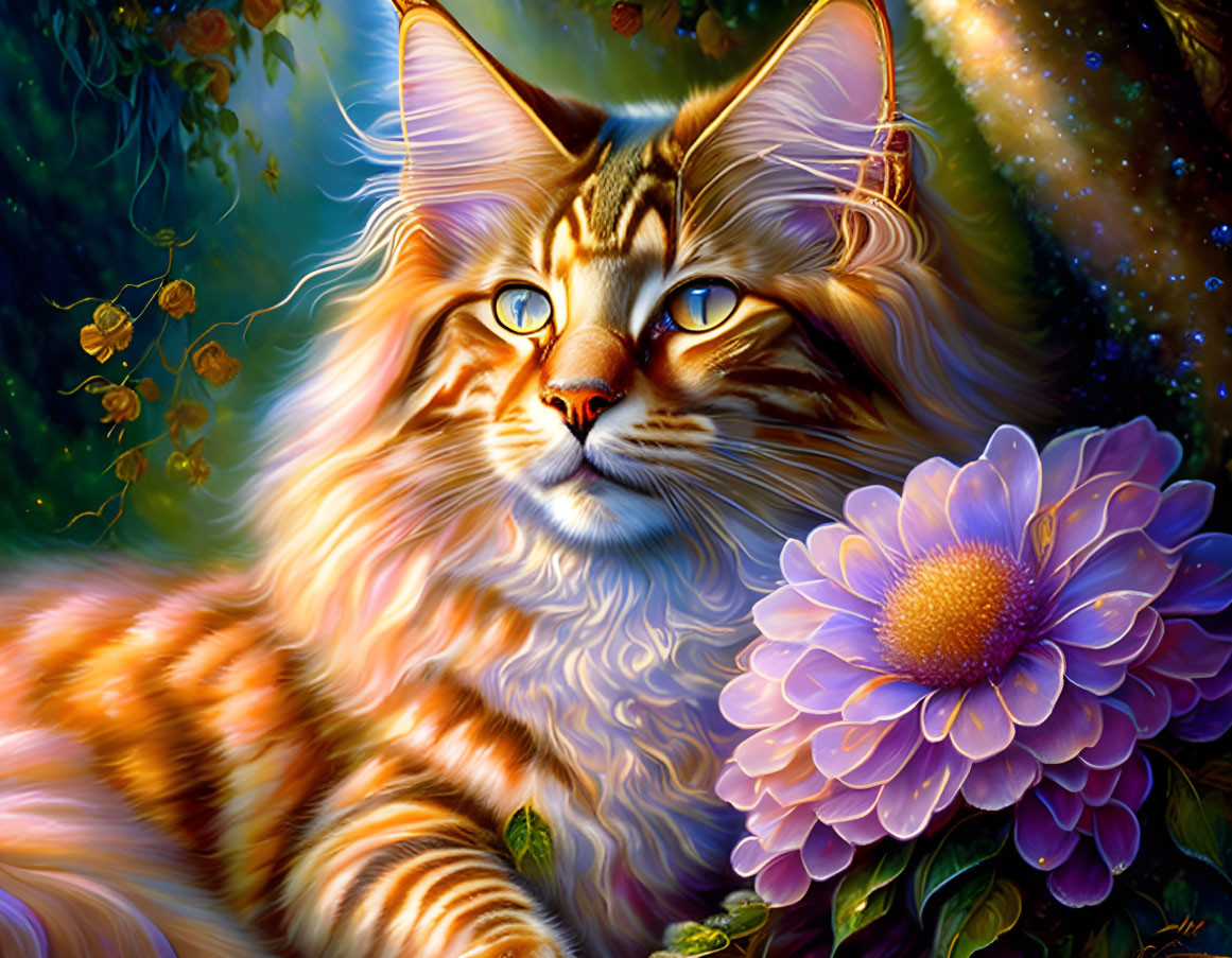 Colorful illustration: Majestic cat with long fur and stripes beside large purple flower in lush green forest