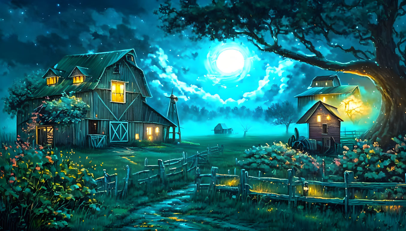 Rural farm night scene with full moon illuminating barn, windmill, and farmhouse