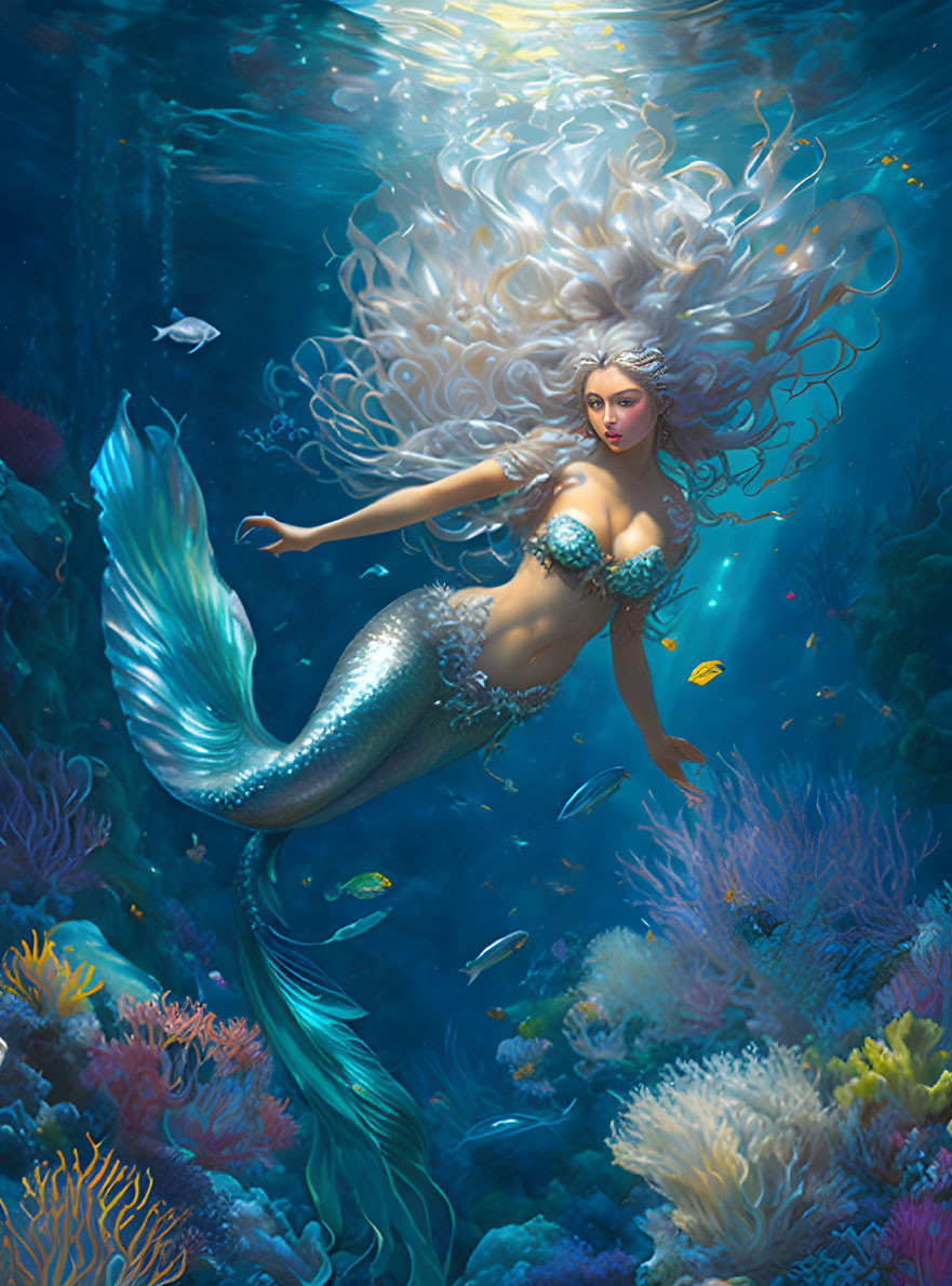 Mythical mermaid with long hair swims among coral reefs