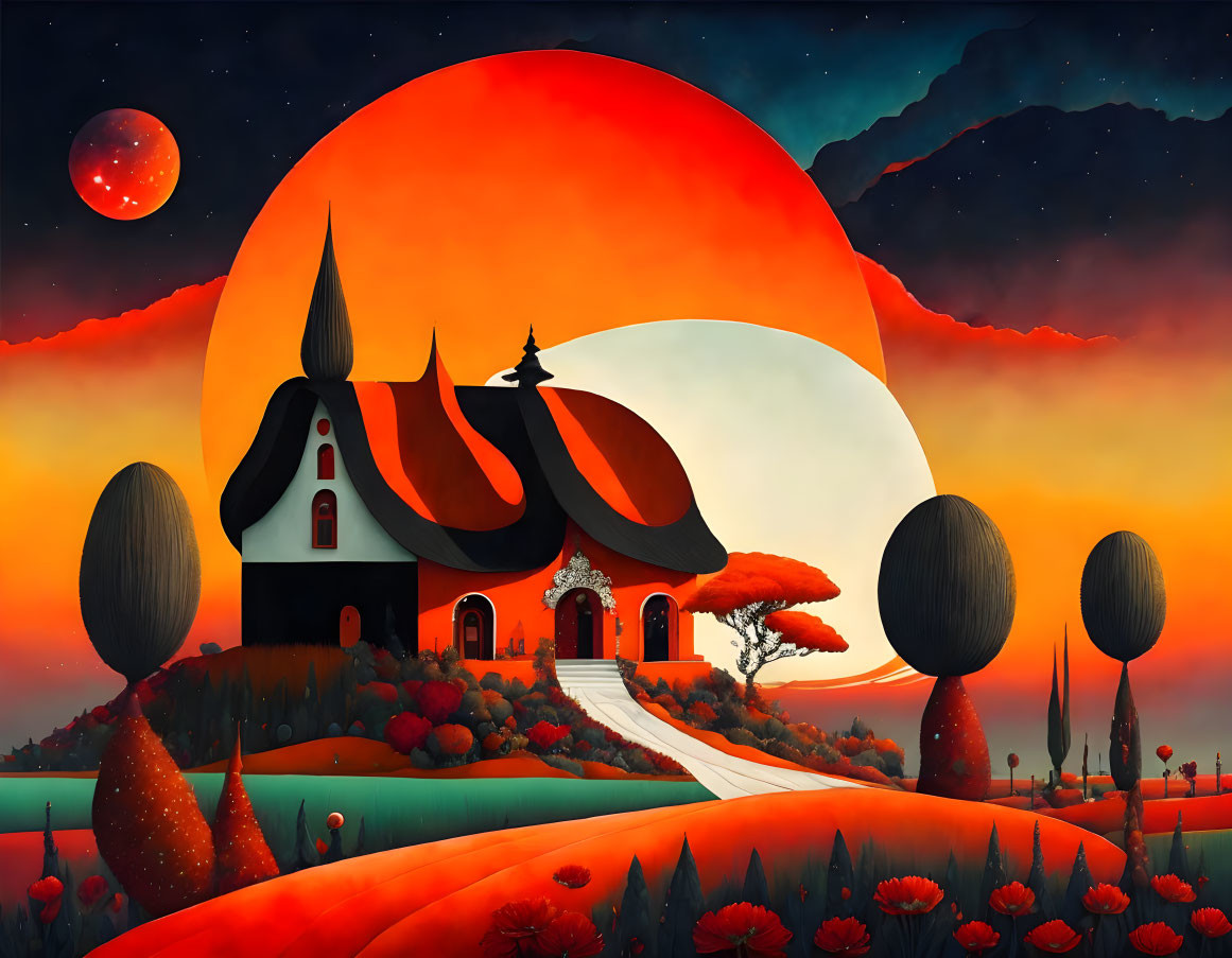 Surreal sunset landscape with red sun, whimsical house, stylized trees, and starry