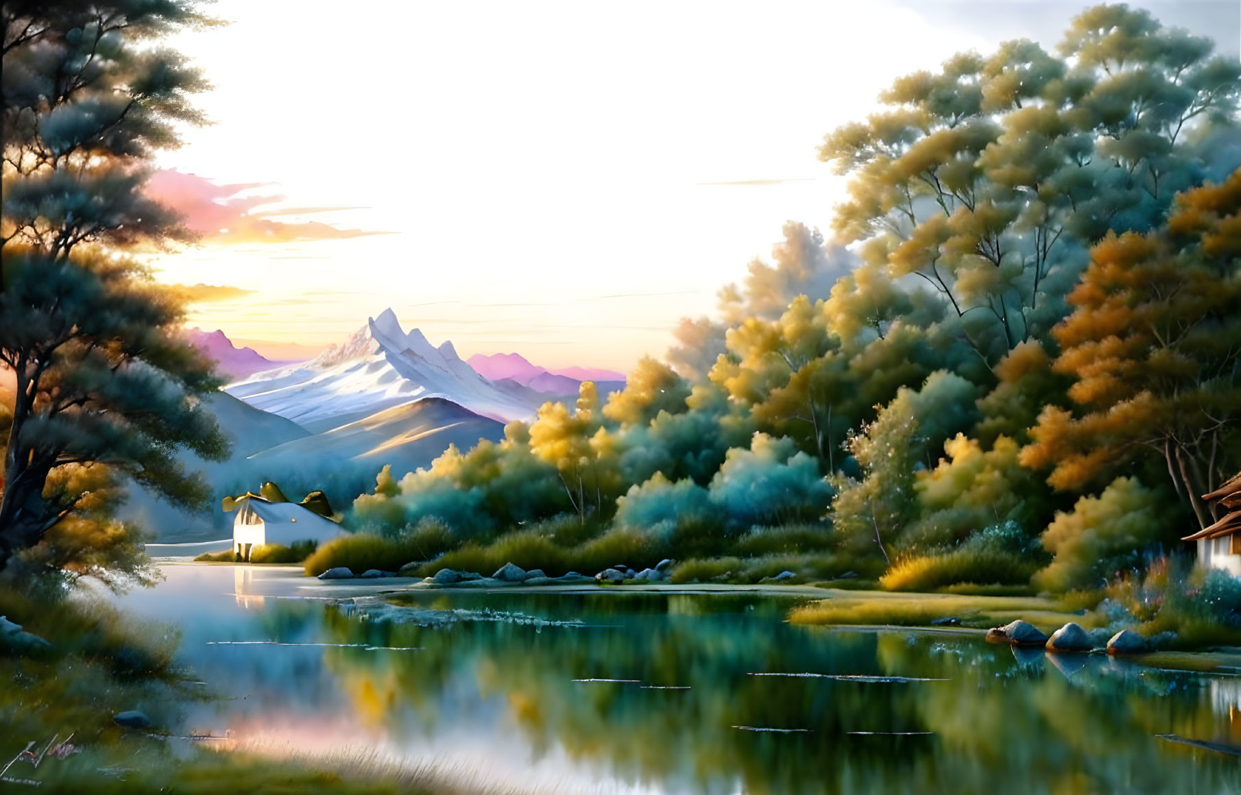 Tranquil landscape painting of serene lake, boat, trees, cottage, mountains, pastel sky