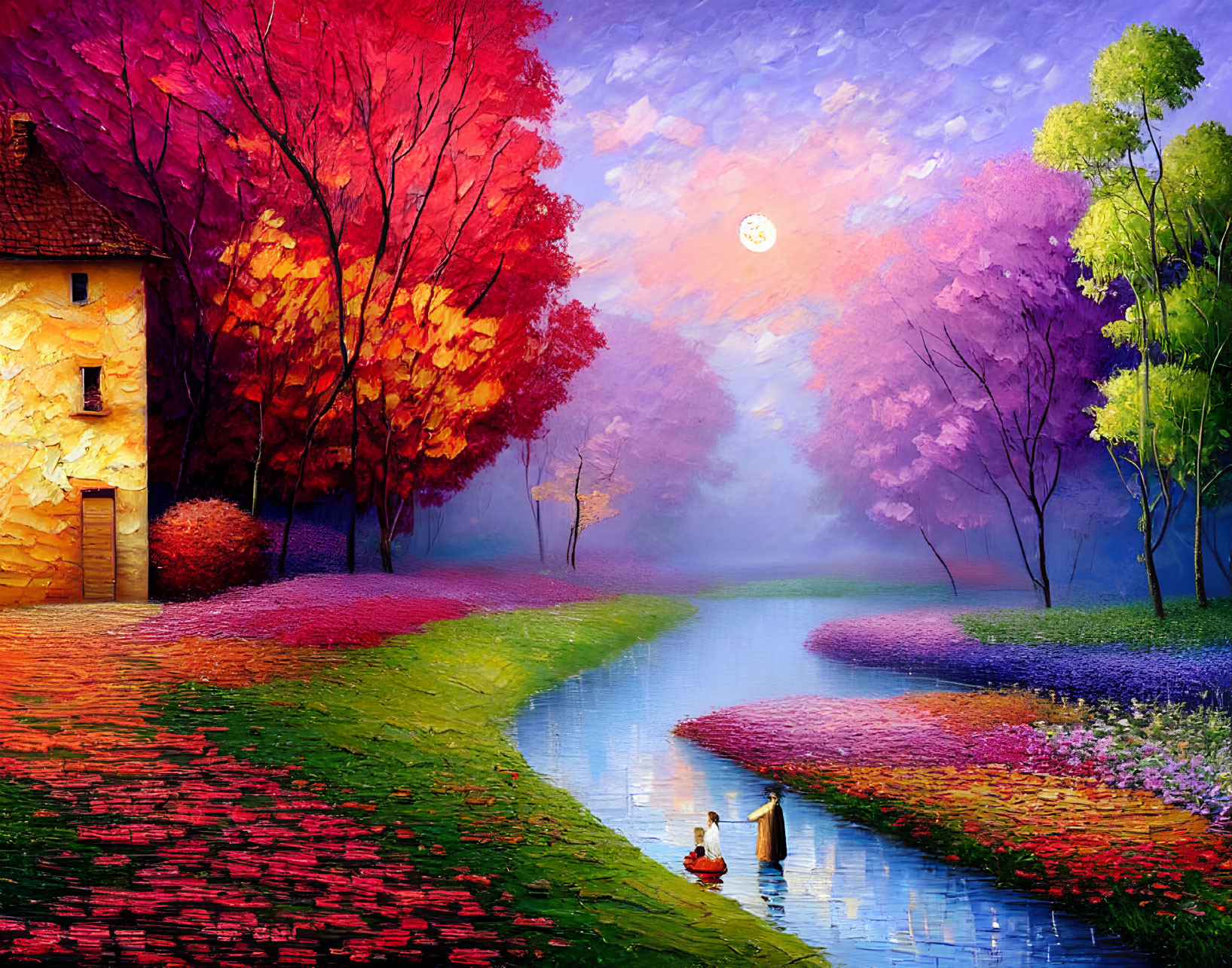 Colorful Landscape Painting: Cottage, River, Trees, Autumn, Couple on Boat