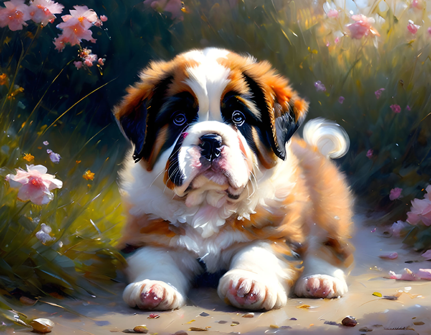 Fluffy Saint Bernard puppy in sunny meadow with pink blossoms