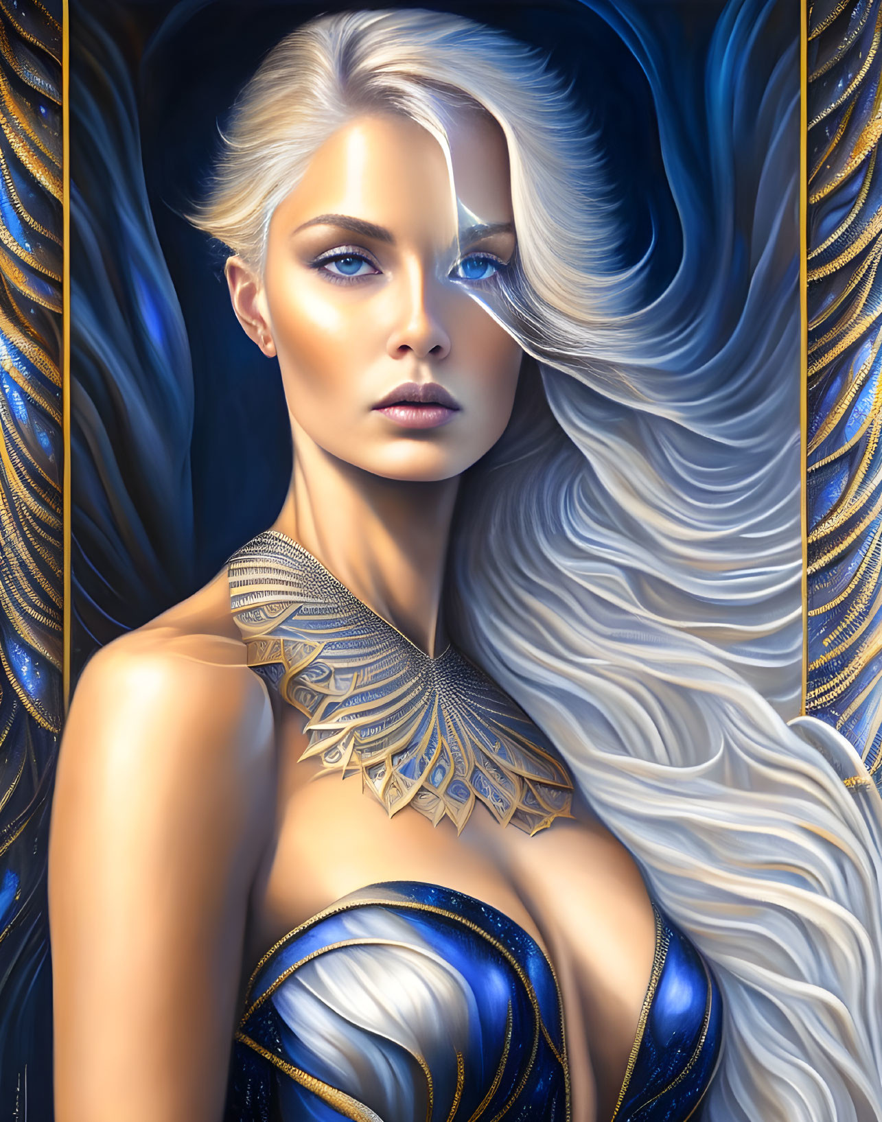 Ethereal woman with white hair and blue attire portrait