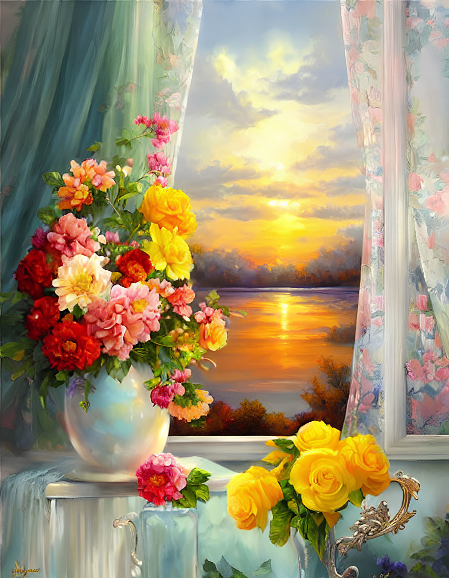 Colorful sunset painting with flowers in window view