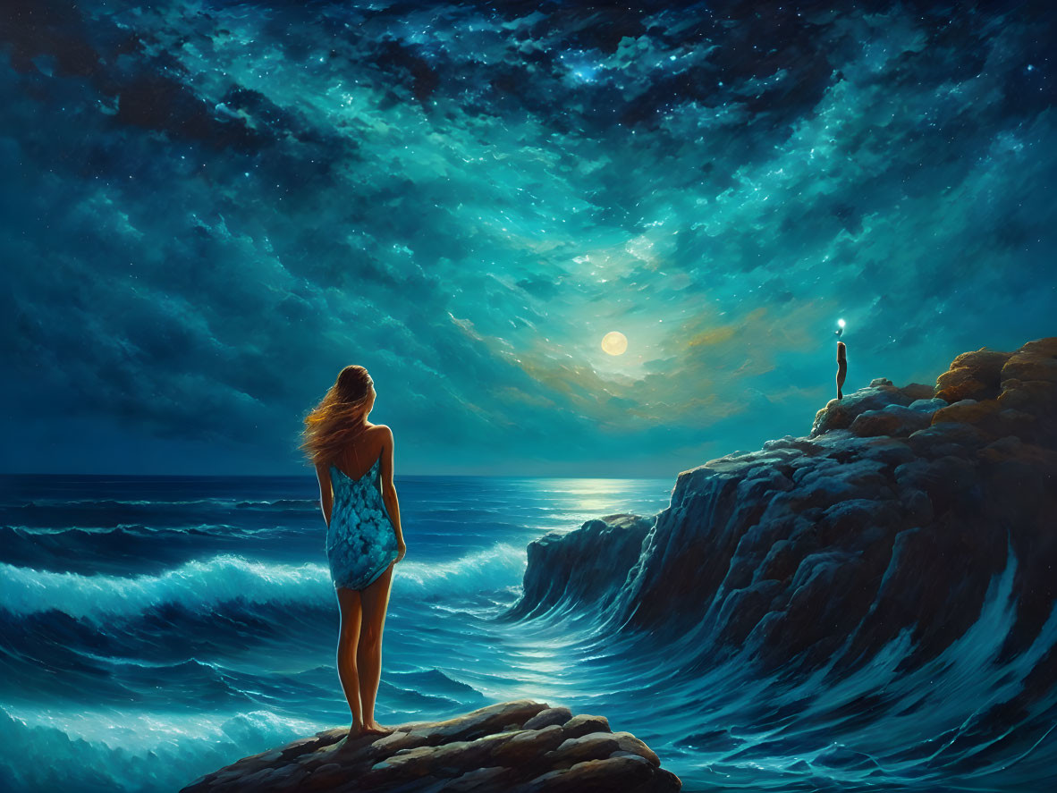 Person admiring starry sky on rocky shore with moonlit sea and figure on cliff with light