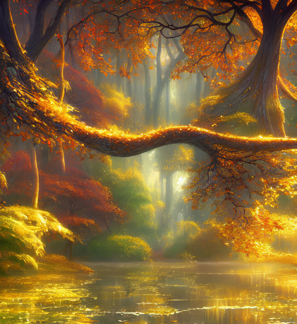 Autumn forest scene with golden sunlight and colorful leaves