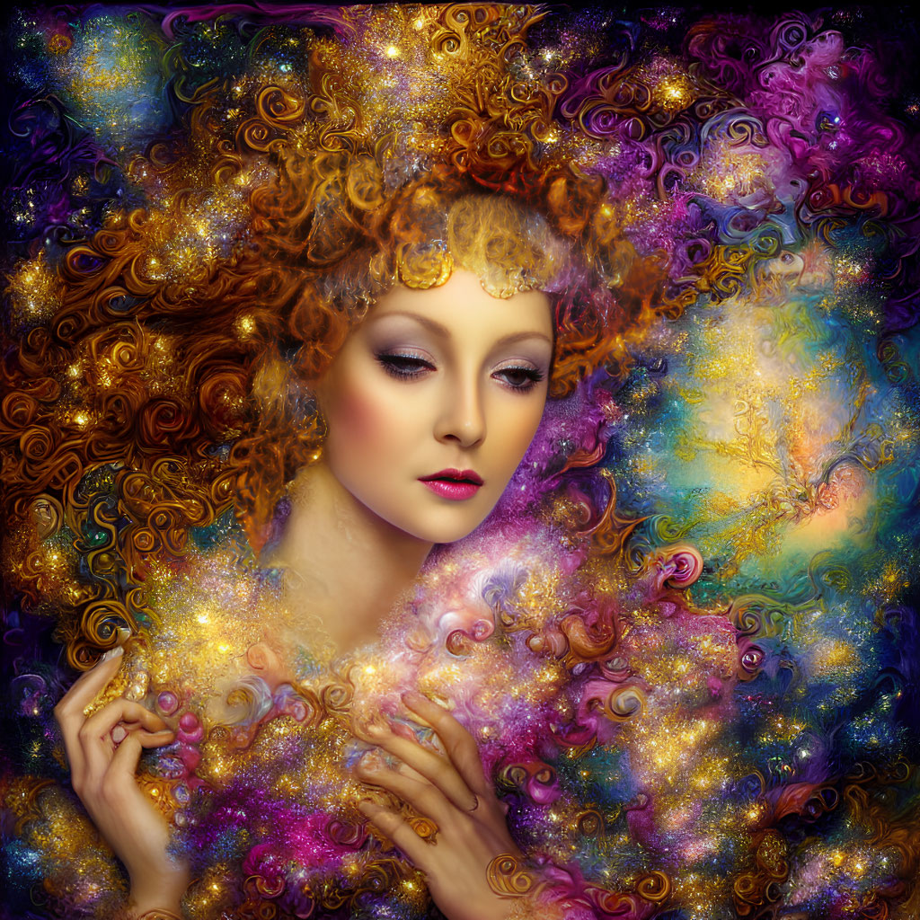 Vibrant digital painting: Woman with auburn hair in cosmic background