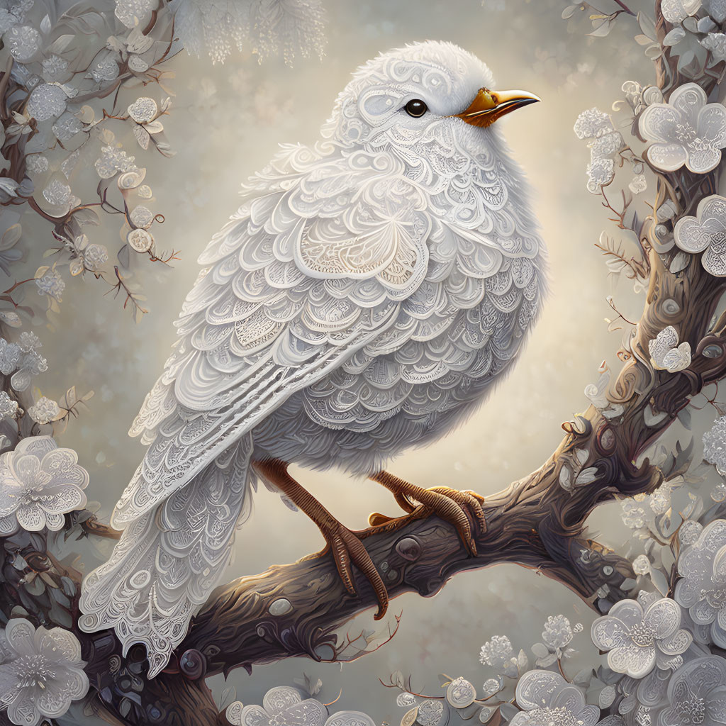 White bird perched on branch amidst blossoms in detailed artwork.