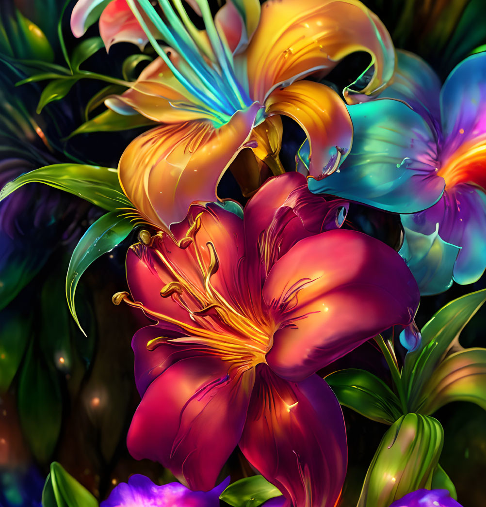 Colorful digitally-rendered flowers with glossy sheen and exaggerated colors, deep purples to fiery