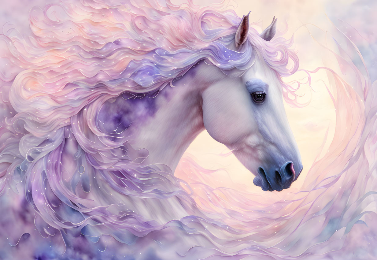 Illustration of unicorn with pastel mane on dreamy background